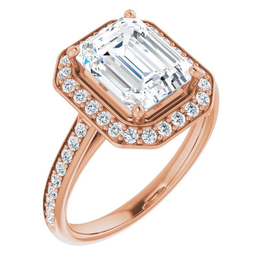 10K Rose Gold Customizable Cathedral-raised Emerald/Radiant Cut Halo-and-Accented Band Design