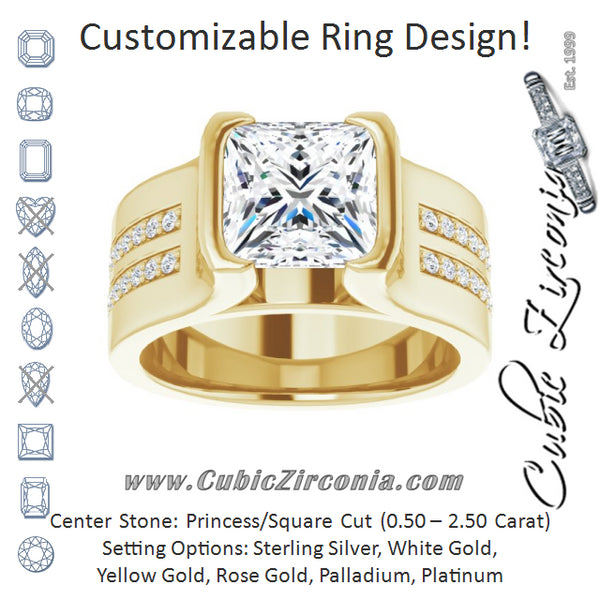 Cubic Zirconia Engagement Ring- The Jennifer (Customizable Bezel-set Princess/Square Cut Design with Thick Band featuring Double-Row Shared Prong Accents)