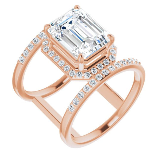 10K Rose Gold Customizable Emerald/Radiant Cut Halo Design with Open, Ultrawide Harness Double Pavé Band