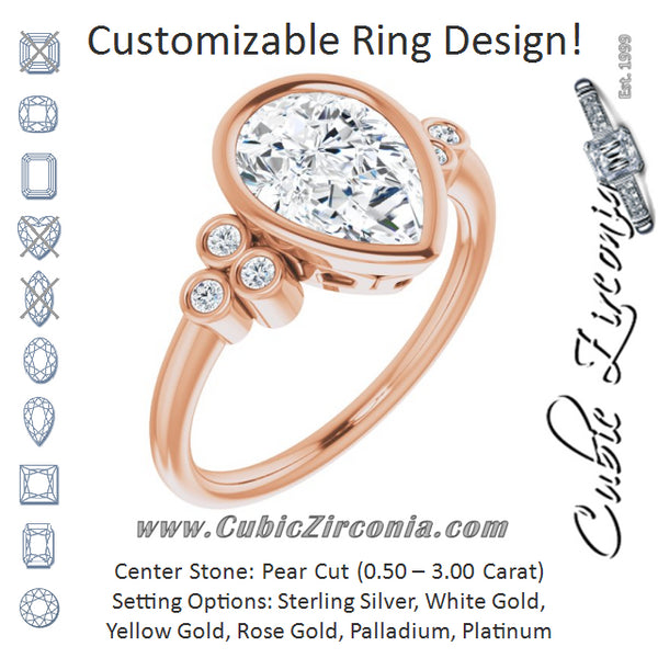 Cubic Zirconia Engagement Ring- The Kaipo (Customizable 7-stone Pear Cut Style with Triple Round-Bezel Accent Cluster Each Side)