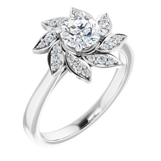 10K White Gold Customizable Round Cut Design with Artisan Floral Halo