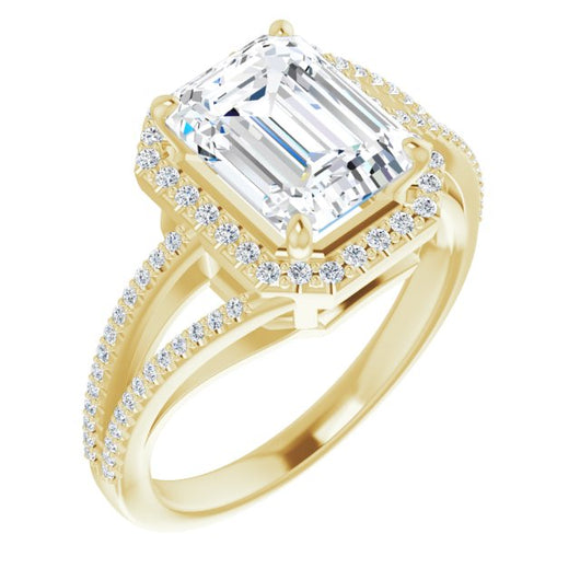 10K Yellow Gold Customizable Emerald/Radiant Cut Vintage Design with Halo Style and Asymmetrical Split-Pavé Band