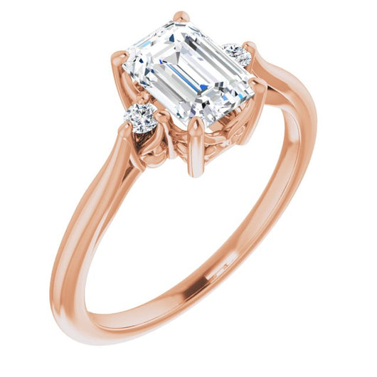 10K Rose Gold Customizable Three-stone Emerald/Radiant Cut Design with Small Round Accents and Vintage Trellis/Basket