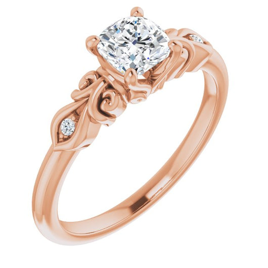 10K Rose Gold Customizable 3-stone Cushion Cut Design with Small Round Accents and Filigree