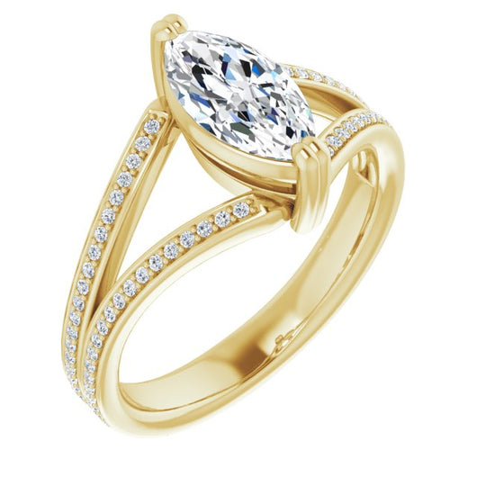 10K Yellow Gold Customizable Marquise Cut Center with 100-stone* "Waterfall" Pavé Split Band