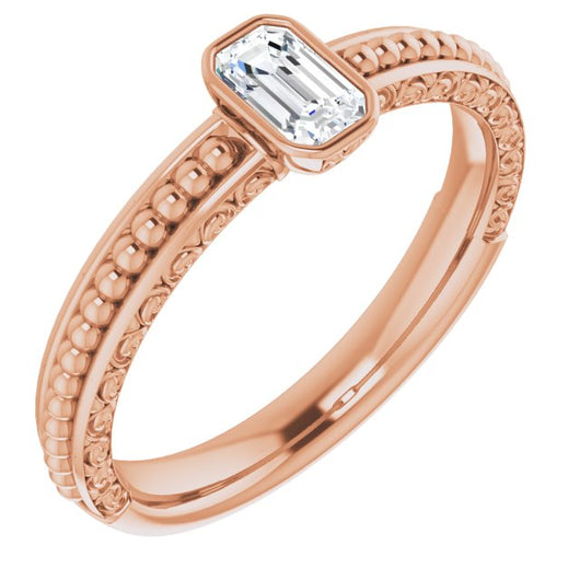 10K Rose Gold Customizable Bezel-set Emerald/Radiant Cut Solitaire with Beaded and Carved Three-sided Band