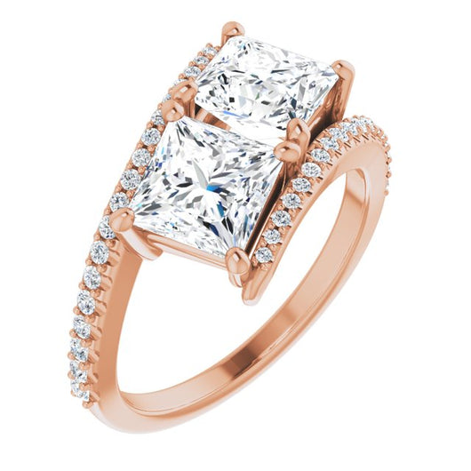 10K Rose Gold Customizable Double Princess/Square Cut 2-stone Design with Ultra-thin Bypass Band and Pavé Enhancement