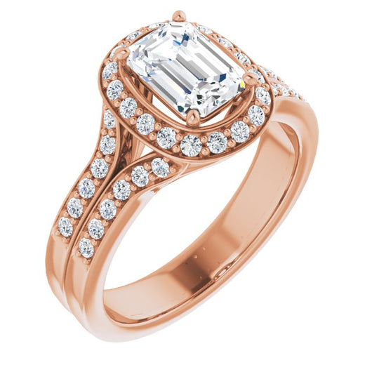 10K Rose Gold Customizable Emerald/Radiant Cut Halo Style with Accented Split-Band