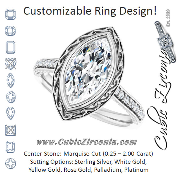 Cubic Zirconia Engagement Ring- The Itzayana (Customizable Cathedral-Bezel Marquise Cut Design featuring Accented Band with Filigree Inlay)