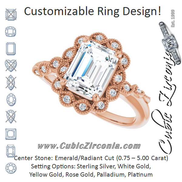 Cubic Zirconia Engagement Ring- The Makayla Belle (Customizable 3-stone Design with Emerald Cut Center and Halo Enhancement)