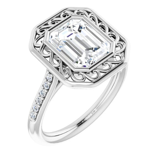 10K White Gold Customizable Cathedral-Bezel Emerald/Radiant Cut Design with Floral Filigree and Thin Shared Prong Band