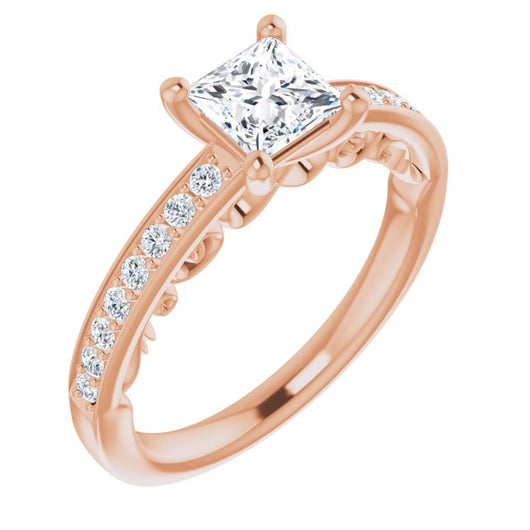 10K Rose Gold Customizable Princess/Square Cut Design featuring 3-Sided Infinity Trellis and Round-Channel Accented Band