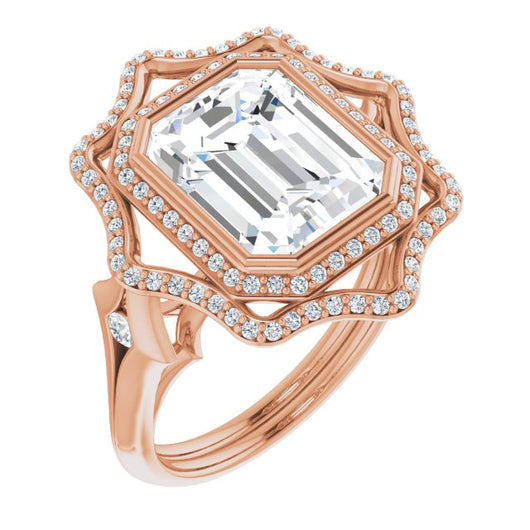 10K Rose Gold Customizable Cathedral-bezel Emerald/Radiant Cut Design with Floral Double Halo and Channel-Accented Split Band