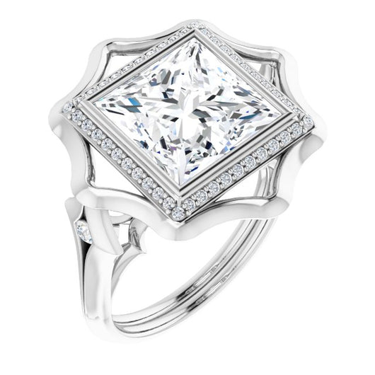 10K White Gold Customizable Bezel-set Princess/Square Cut with Halo & Oversized Floral Design