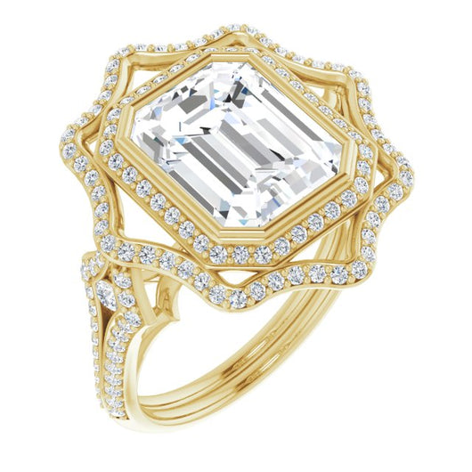 14K Yellow Gold Customizable Emerald/Radiant Cut Style with Ultra-wide Pavé Split-Band and Nature-Inspired Double Halo