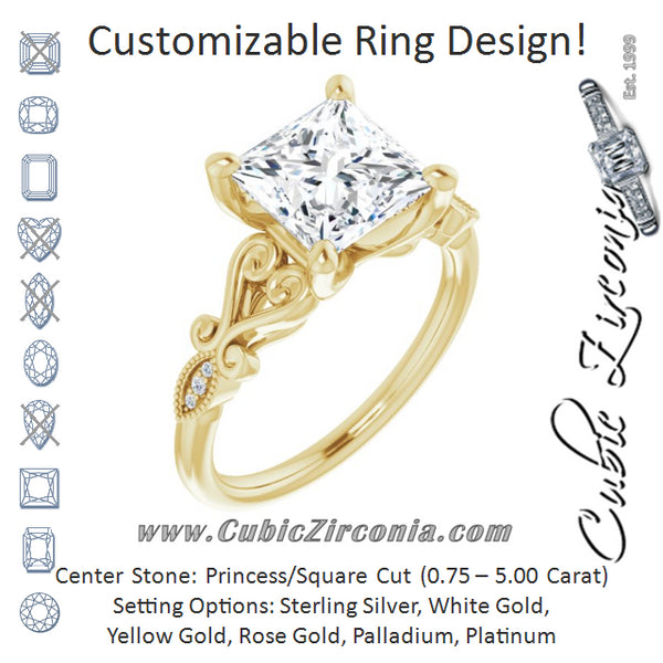 Cubic Zirconia Engagement Ring- The Annika (Customizable 7-stone Design with Princess/Square Cut Center Plus Sculptural Band and Filigree)