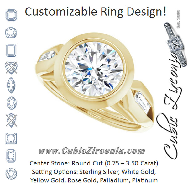 Cubic Zirconia Engagement Ring- The Claudelle (Customizable Bezel-set Round Cut Design with Wide Split Band & Tension-Channel Baguette Accents)