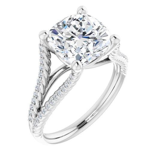 10K White Gold Customizable Cushion Cut Style with Split Band and Rope-Pavé