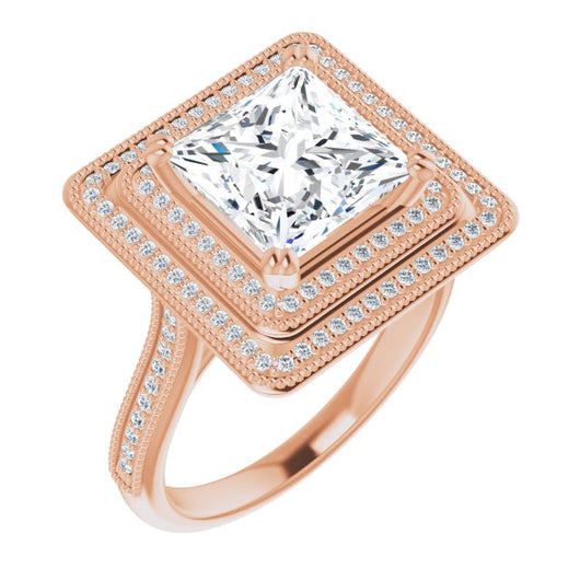 10K Rose Gold Customizable Princess/Square Cut Design with Elegant Double Halo, Houndstooth Milgrain and Band-Channel Accents