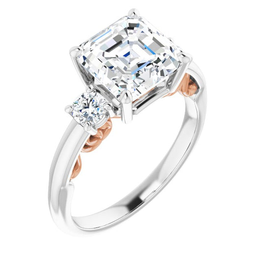 14K White & Rose Gold Customizable Asscher Cut 3-stone Style featuring Heart-Motif Band Enhancement