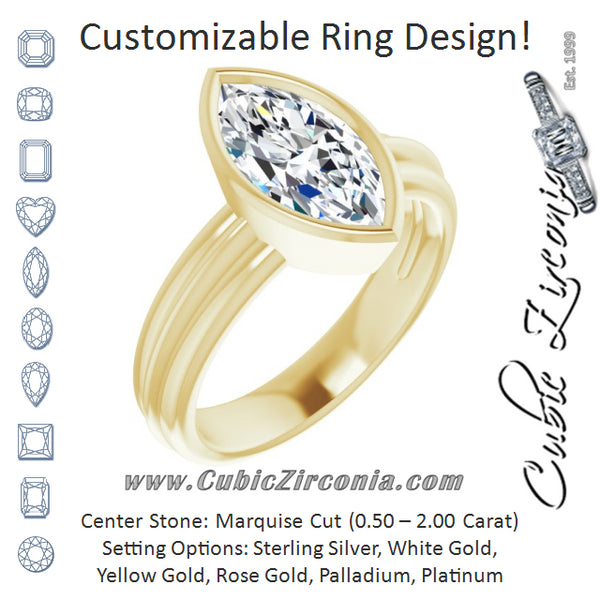 Cubic Zirconia Engagement Ring- The Aretha (Customizable Bezel-set Marquise Cut Solitaire with Grooved Band)