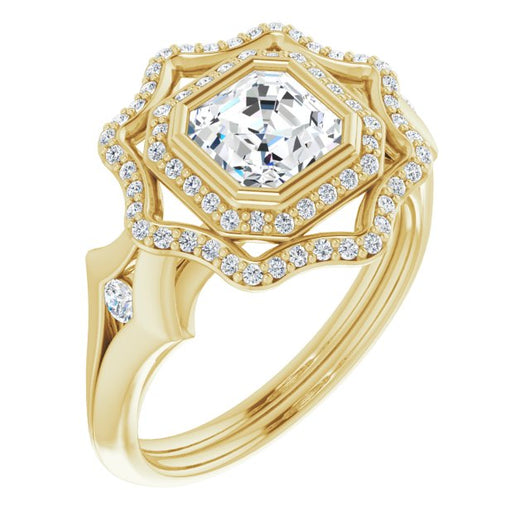 10K Yellow Gold Customizable Cathedral-bezel Asscher Cut Design with Floral Double Halo and Channel-Accented Split Band