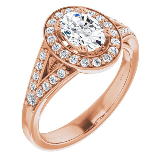 10K Rose Gold Customizable Cathedral-set Oval Cut Style with Accented Split Band and Halo