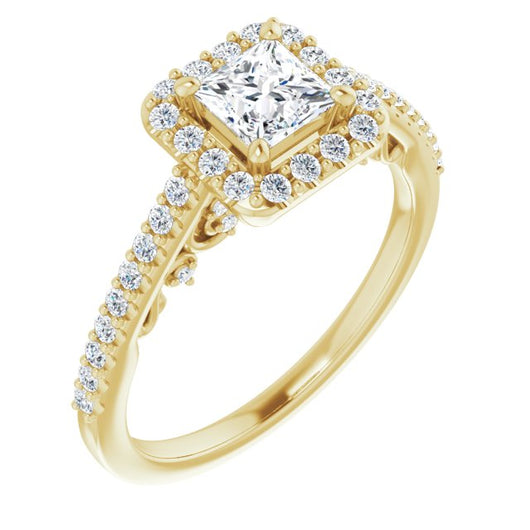 10K Yellow Gold Customizable Cathedral-Halo Princess/Square Cut Design with Carved Metal Accent plus Pavé Band