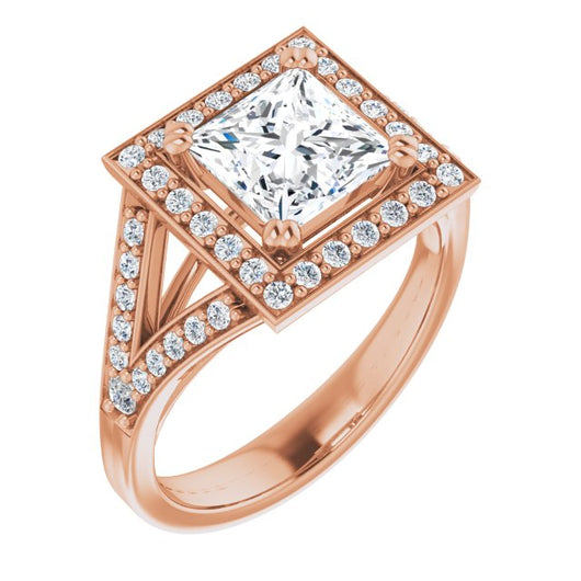 10K Rose Gold Customizable Cathedral-set Princess/Square Cut Style with Accented Split Band and Halo