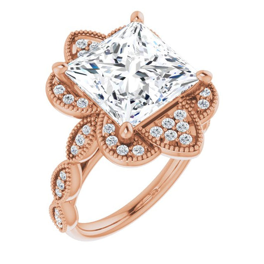 10K Rose Gold Customizable Cathedral-style Princess/Square Cut Design with Floral Segmented Halo & Milgrain+Accents Band