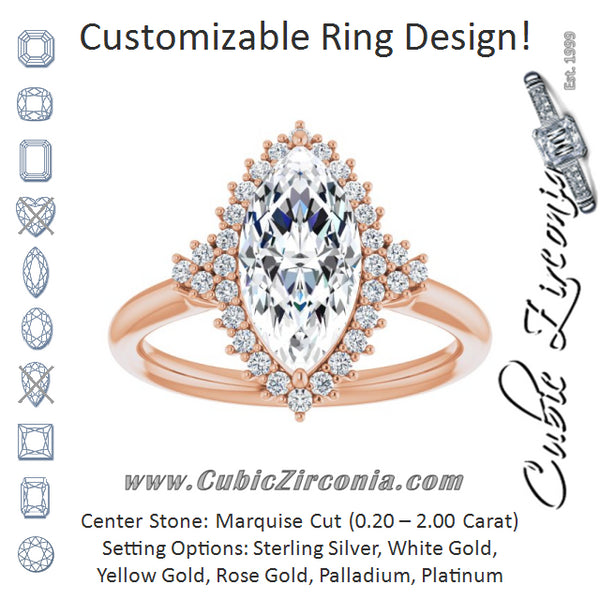 Cubic Zirconia Engagement Ring- The Winter (Customizable Marquise Cut Cathedral-Halo Design with Tri-Cluster Round Accents)