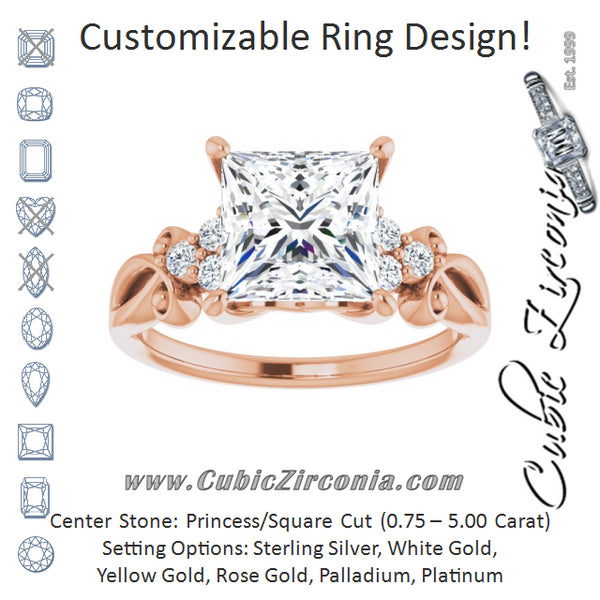 Cubic Zirconia Engagement Ring- The Adele (Customizable 7-stone Princess/Square Cut Design with Tri-Cluster Accents and Teardrop Fleur-de-lis Motif)