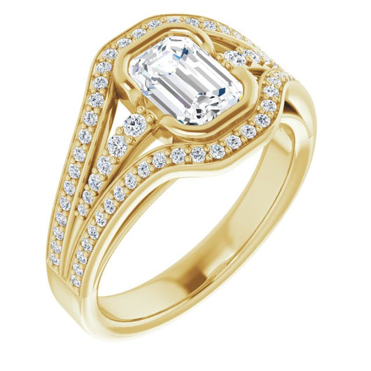 10K Yellow Gold Customizable Cathedral-Bezel Emerald/Radiant Cut Design with Wide Triple-Split-Pavé Band