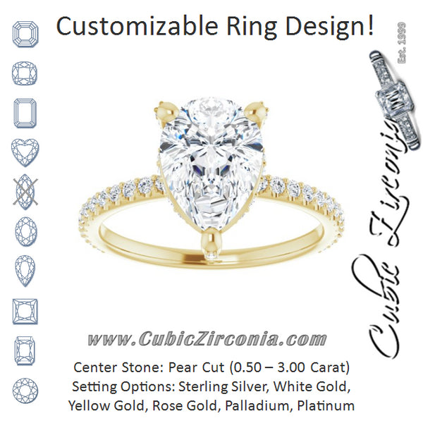 Cubic Zirconia Engagement Ring- The Maleny (Customizable Pear Cut Design with Round-Accented Band, Micropavé Under-Halo and Decorative Prong Accents))