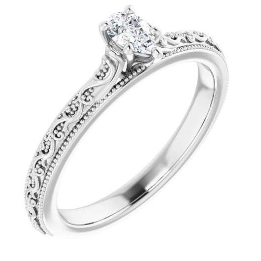 10K White Gold Customizable Pear Cut Solitaire with Delicate Milgrain Filigree Band