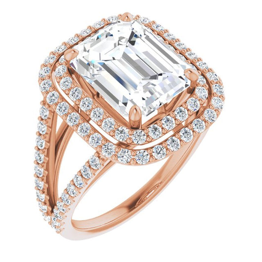 10K Rose Gold Customizable Emerald/Radiant Cut Design with Double Halo and Wide Split-Pavé Band