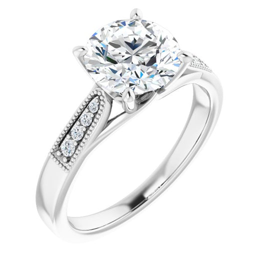 10K White Gold Customizable 9-stone Vintage Design with Round Cut Center and Round Band Accents