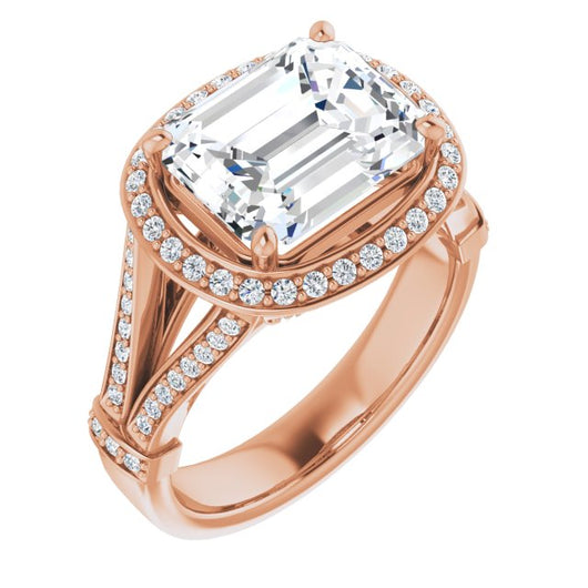 10K Rose Gold Customizable Emerald/Radiant Cut Setting with Halo, Under-Halo Trellis Accents and Accented Split Band