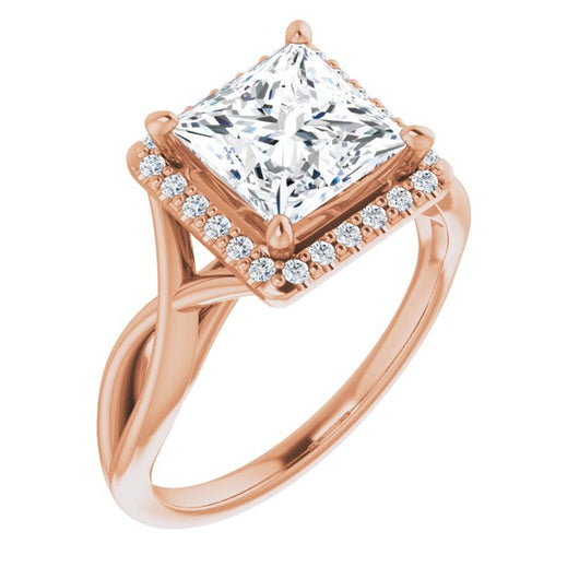 10K Rose Gold Customizable Cathedral-Halo Princess/Square Cut Design with Twisting Split Band