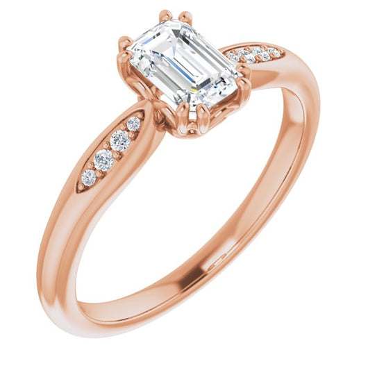 10K Rose Gold Customizable 9-stone Emerald/Radiant Cut Design with 8-prong Decorative Basket & Round Cut Side Stones