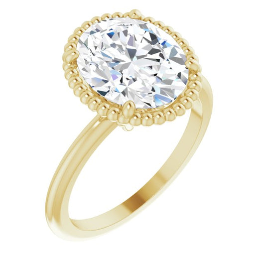 10K Yellow Gold Customizable Oval Cut Solitaire with Beaded Metallic Milgrain