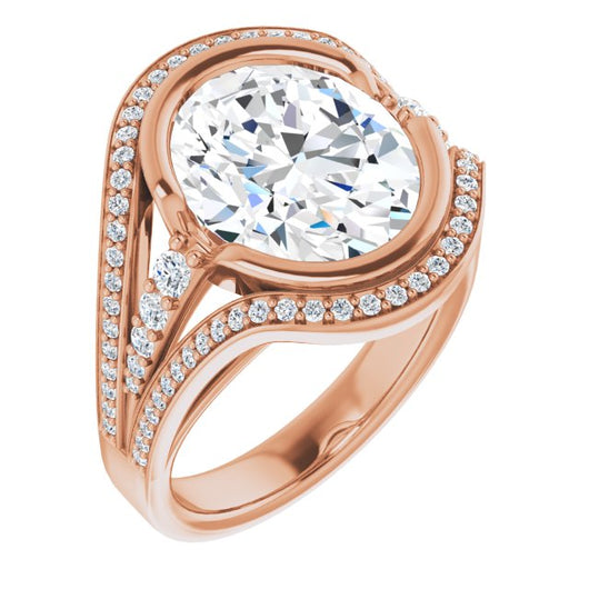 10K Rose Gold Customizable Cathedral-Bezel Oval Cut Design with Wide Triple-Split-Pavé Band