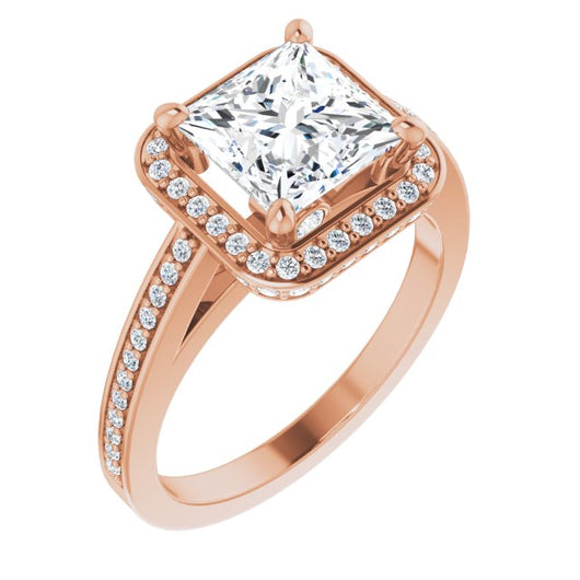 10K Rose Gold Customizable Cathedral-set Princess/Square Cut Design with Halo, Thin Pavé Band & Round-Bezel Peekaboos