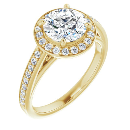 10K Yellow Gold Customizable Round Cut Style with Halo and Sculptural Trellis