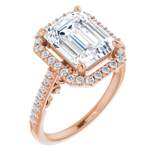 10K Rose Gold Customizable Cathedral-Halo Emerald/Radiant Cut Design with Carved Metal Accent plus Pavé Band