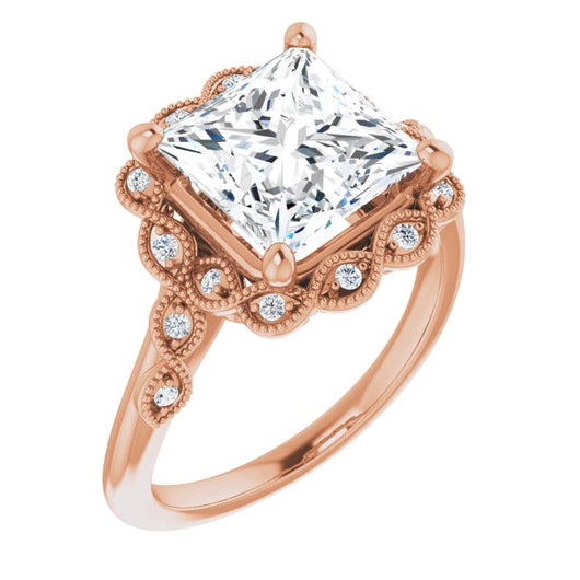 10K Rose Gold Customizable 3-stone Design with Princess/Square Cut Center and Halo Enhancement