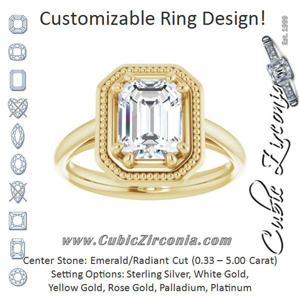 Cubic Zirconia Engagement Ring- The Eve (Customizable Emerald Cut Solitaire with Metallic Drops Halo Lookalike)