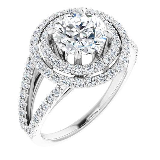 10K White Gold Customizable Round Cut Design with Double Halo and Wide Split-Pavé Band