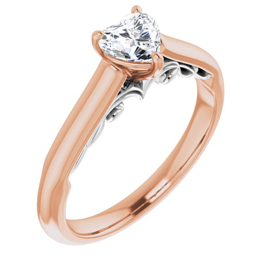 14K Rose & White Gold Customizable Heart Cut Cathedral Solitaire with Two-Tone Option Decorative Trellis 'Down Under'