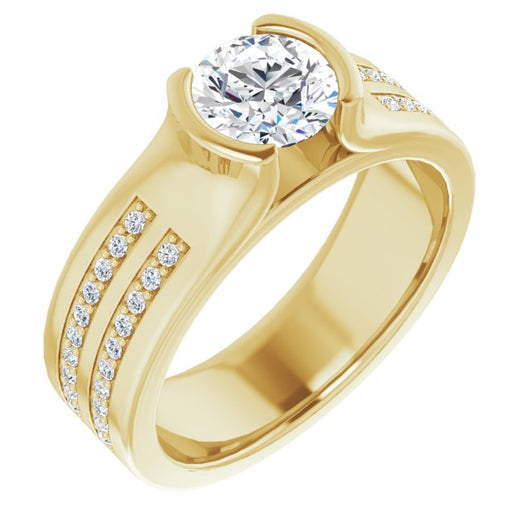 10K Yellow Gold Customizable Bezel-set Round Cut Design with Thick Band featuring Double-Row Shared Prong Accents